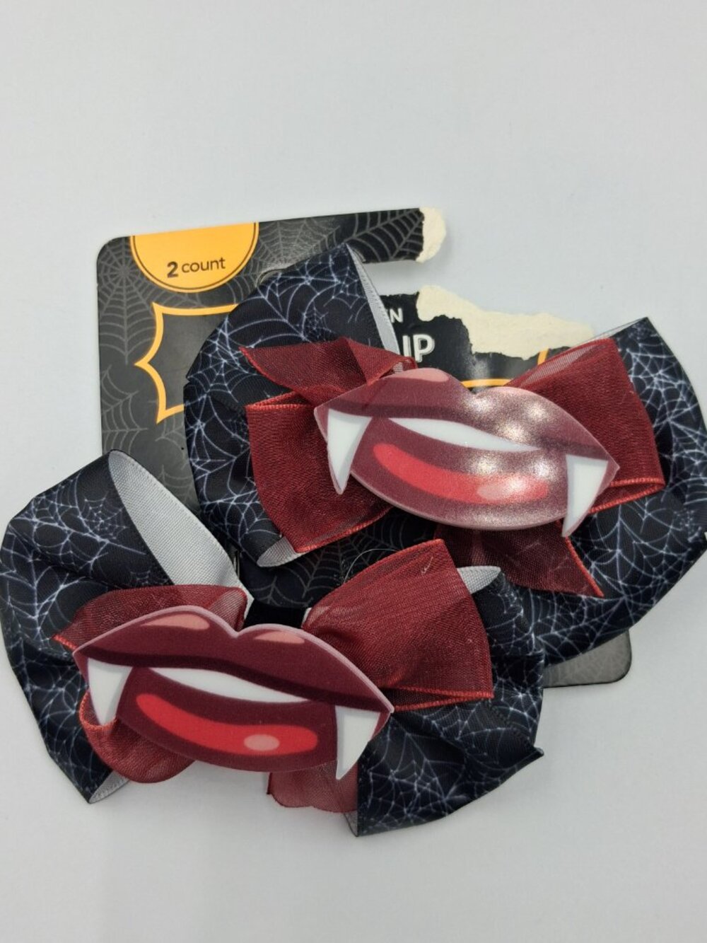 NEW 2 Halloween Hair Clip Bows Dracula Fangs Spider Web Pattern Red Lips Unique